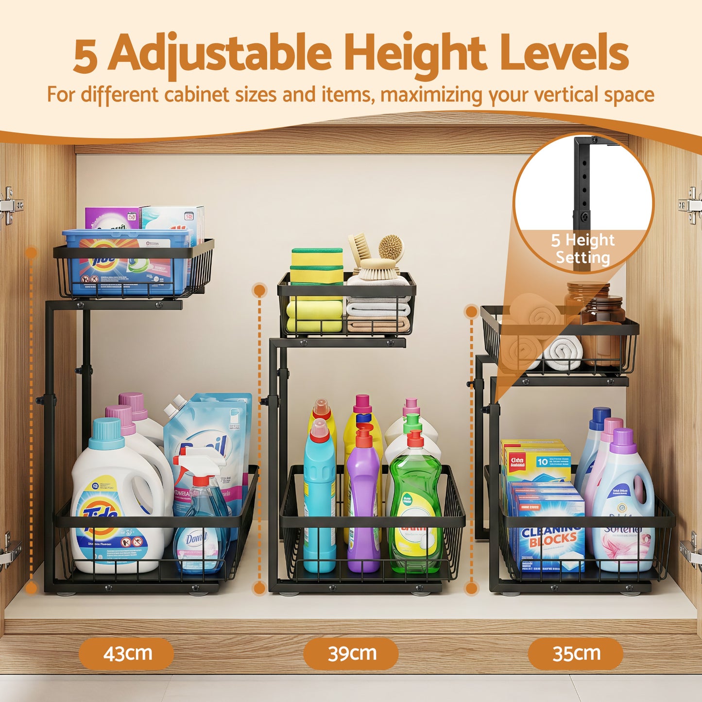 Under Sink Organizer – L-Shape with 2 Slide-Out Drawers, Adjustable Height, Black Steel