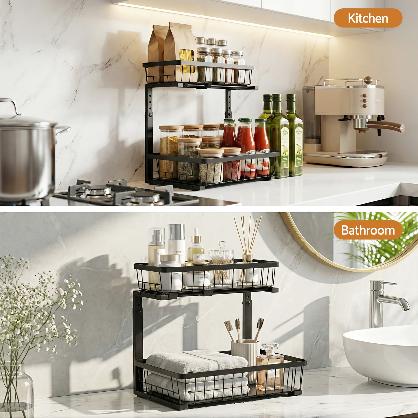 Under Sink Organizer – L-Shape with 2 Slide-Out Drawers, Adjustable Height, Black Steel