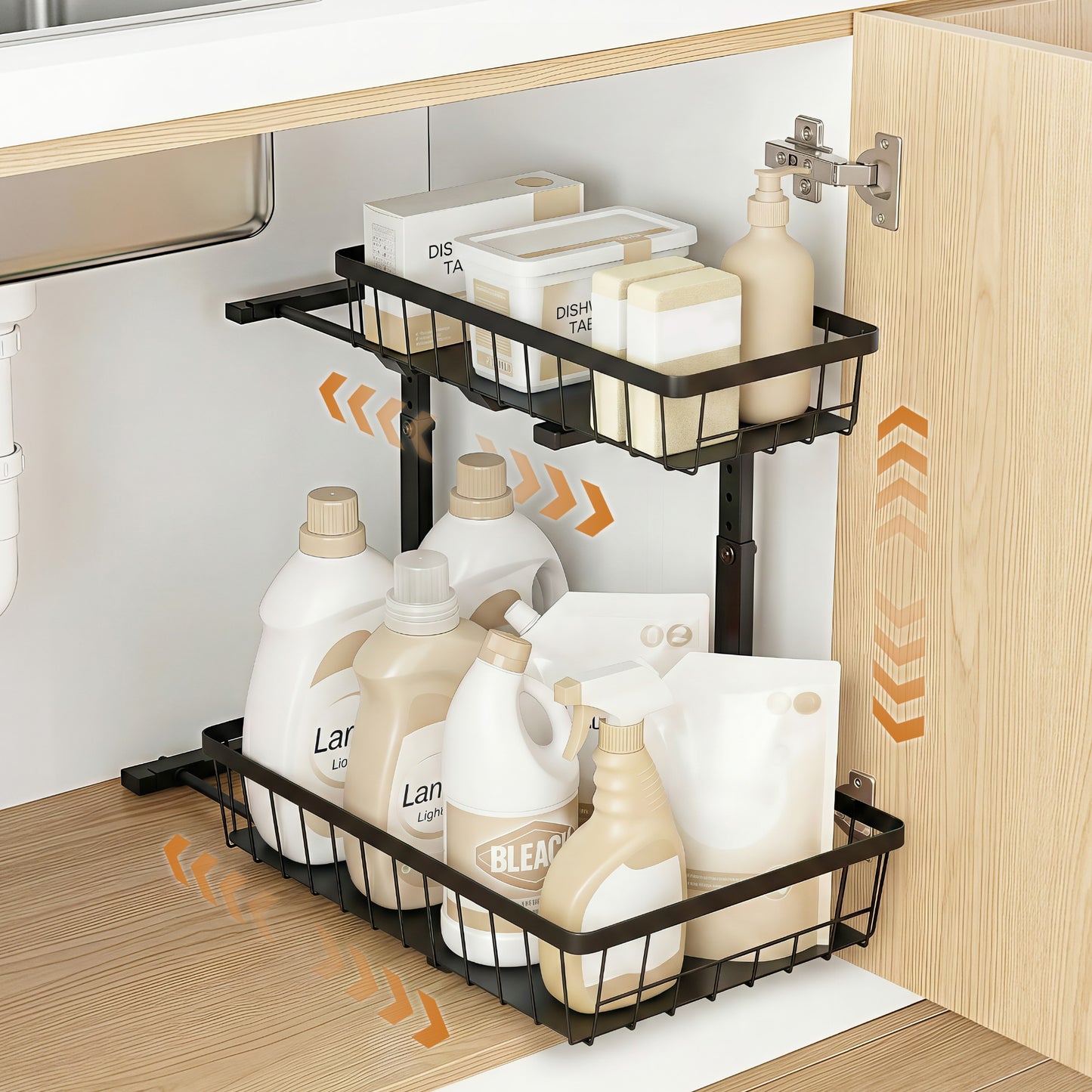 Under Sink Organizer – L-Shape with 2 Slide-Out Drawers, Adjustable Height, Black Steel