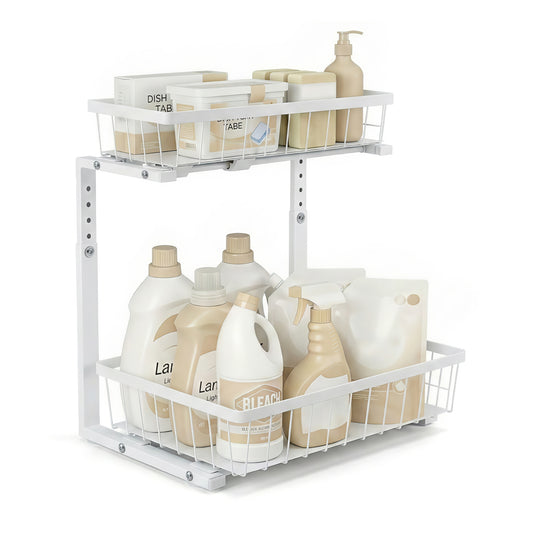 Under Sink Organizer with 2 Slide-Out Drawers – Adjustable Height, White Steel