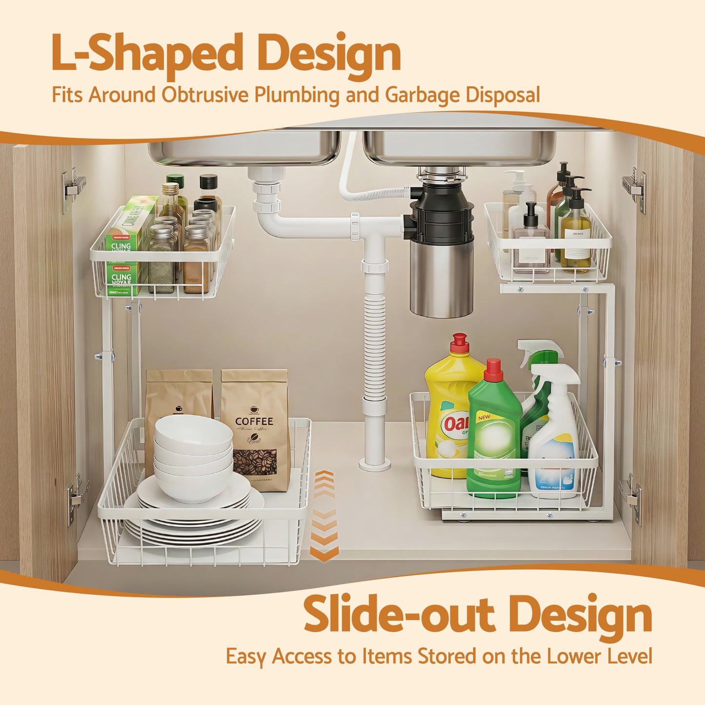 Under Sink Organizer with 2 Slide-Out Drawers – Adjustable Height, White Steel