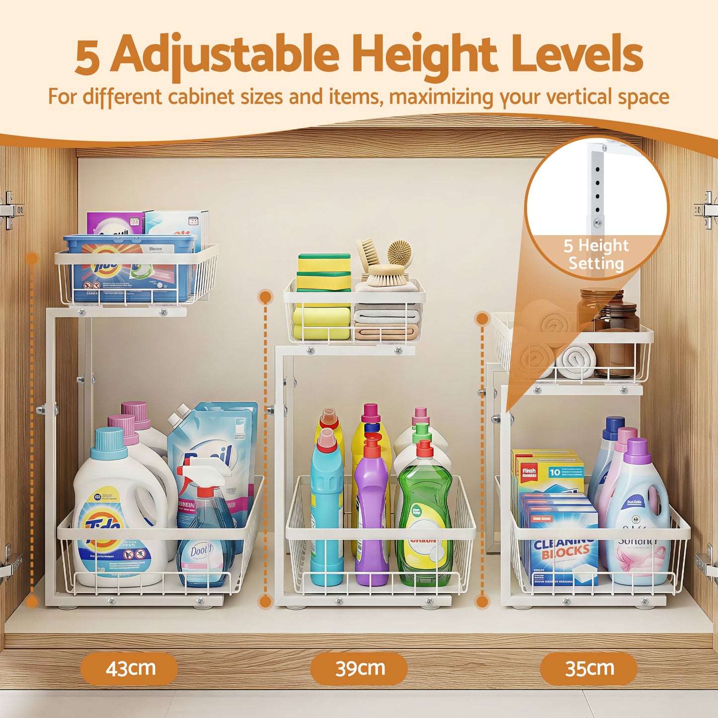Under Sink Organizer with 2 Slide-Out Drawers – Adjustable Height, White Steel