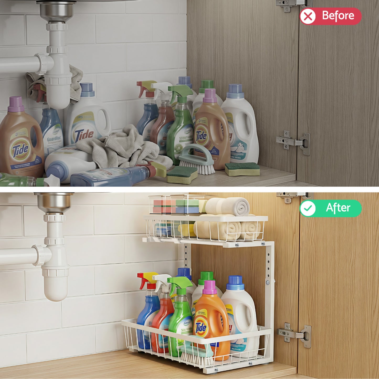 Under Sink Organizer with 2 Slide-Out Drawers – Adjustable Height, White Steel