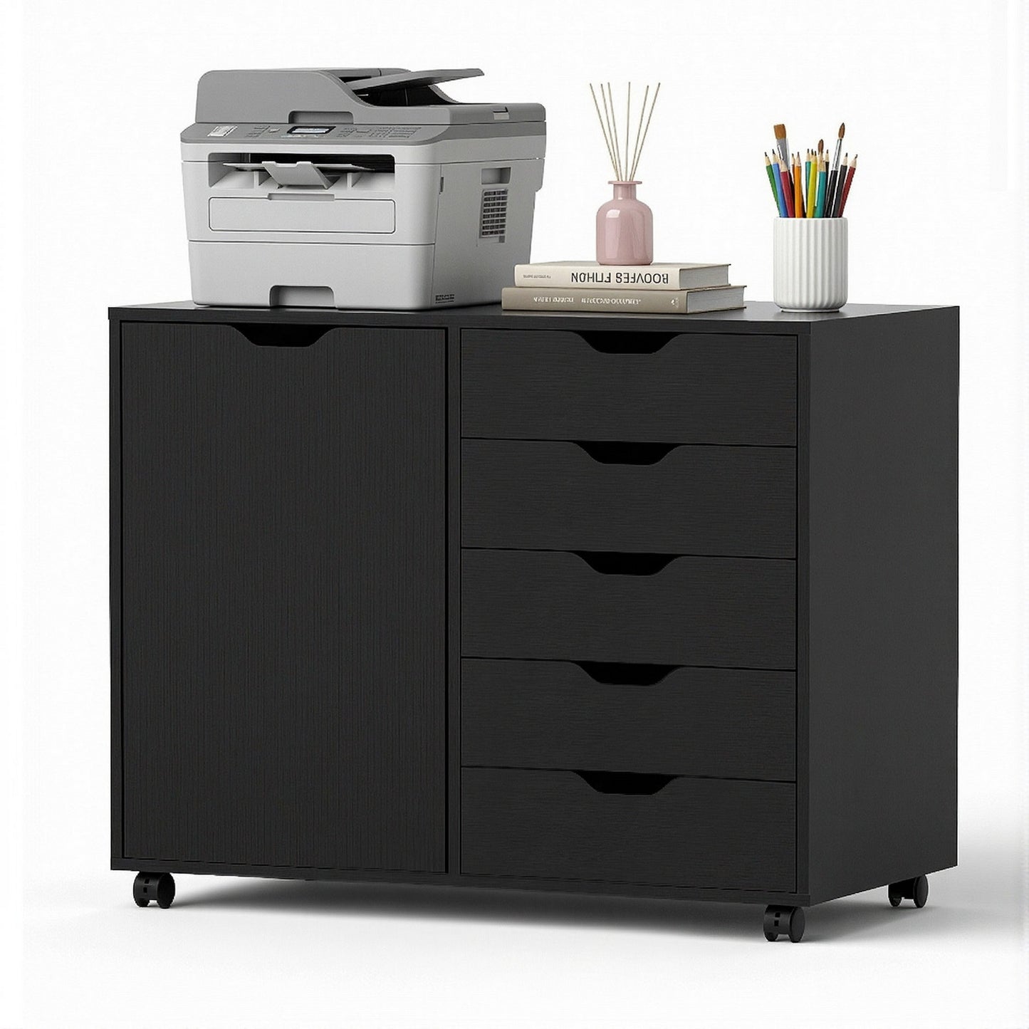Mobile Filing Cabinet – 5 Drawers with Door, Black Storage Cabinet
