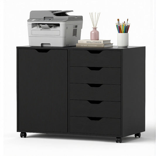 Mobile Filing Cabinet – 5 Drawers with Door, Black Storage Cabinet