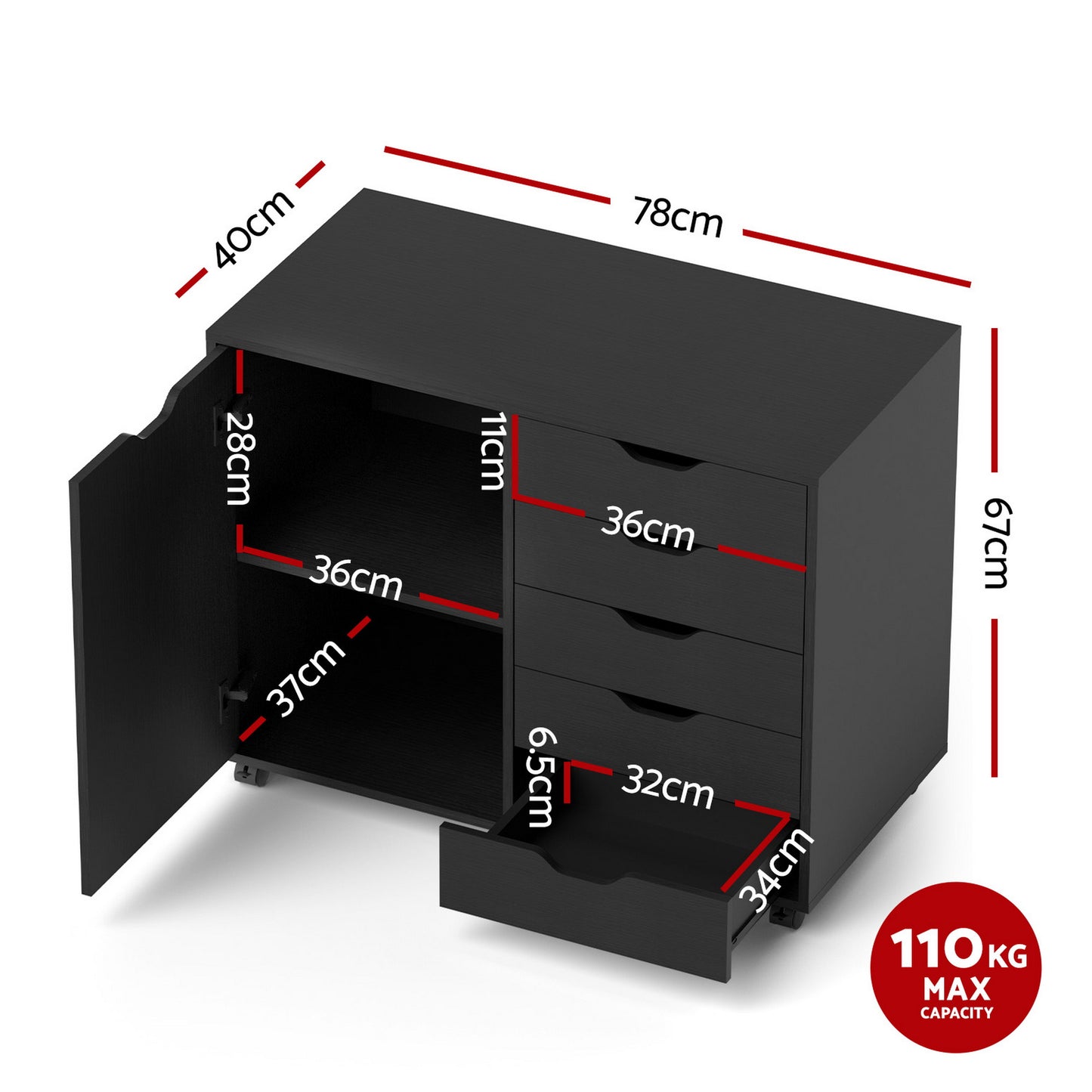 Mobile Filing Cabinet – 5 Drawers with Door, Black Storage Cabinet