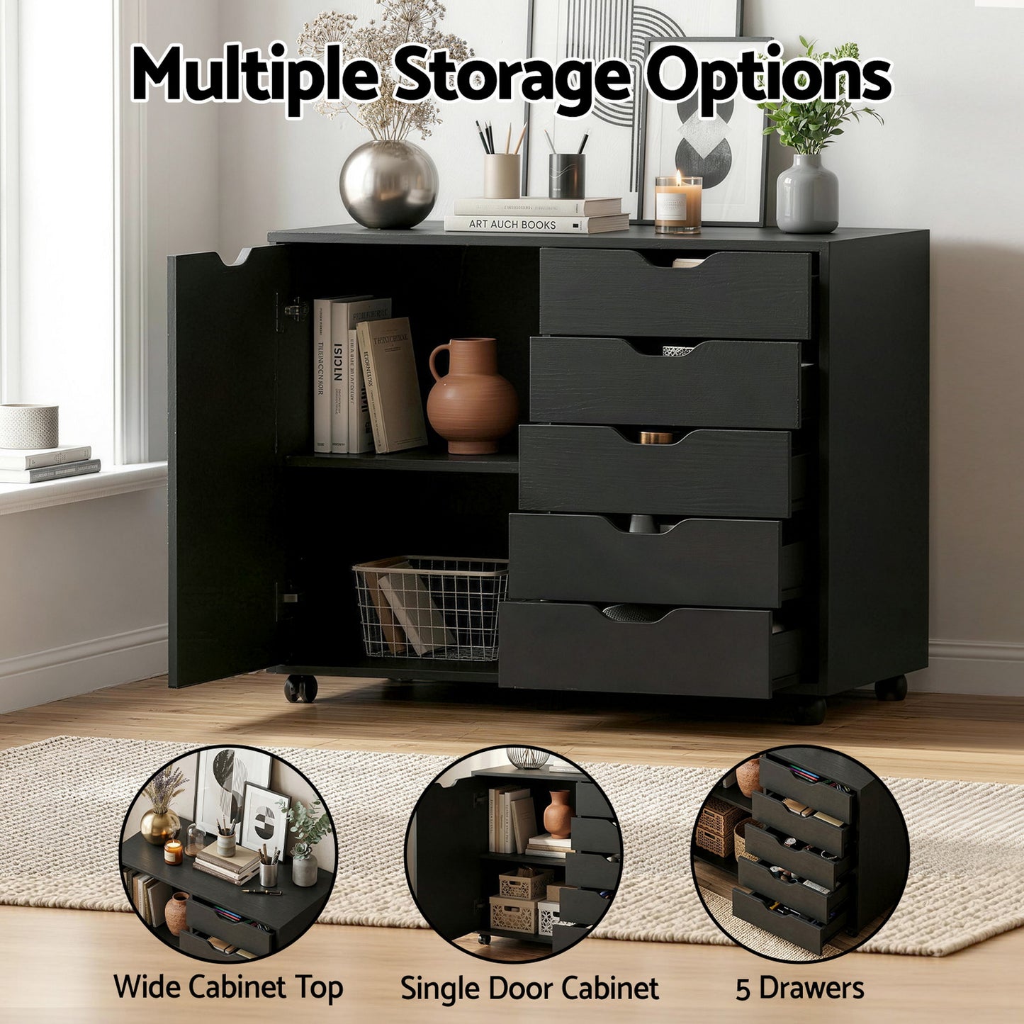 Mobile Filing Cabinet – 5 Drawers with Door, Black Storage Cabinet