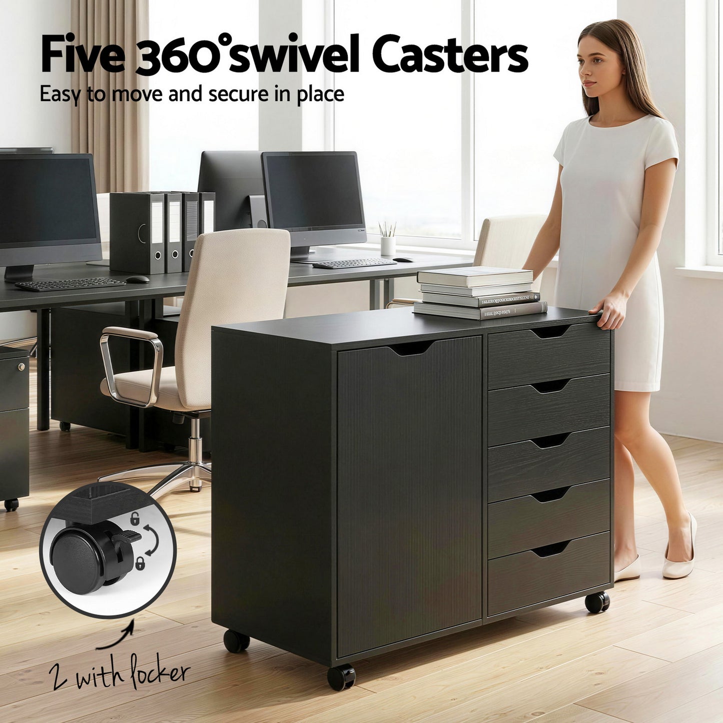 Mobile Filing Cabinet – 5 Drawers with Door, Black Storage Cabinet