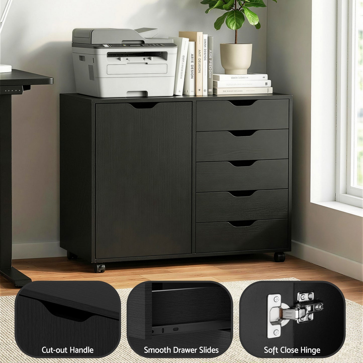 Mobile Filing Cabinet – 5 Drawers with Door, Black Storage Cabinet