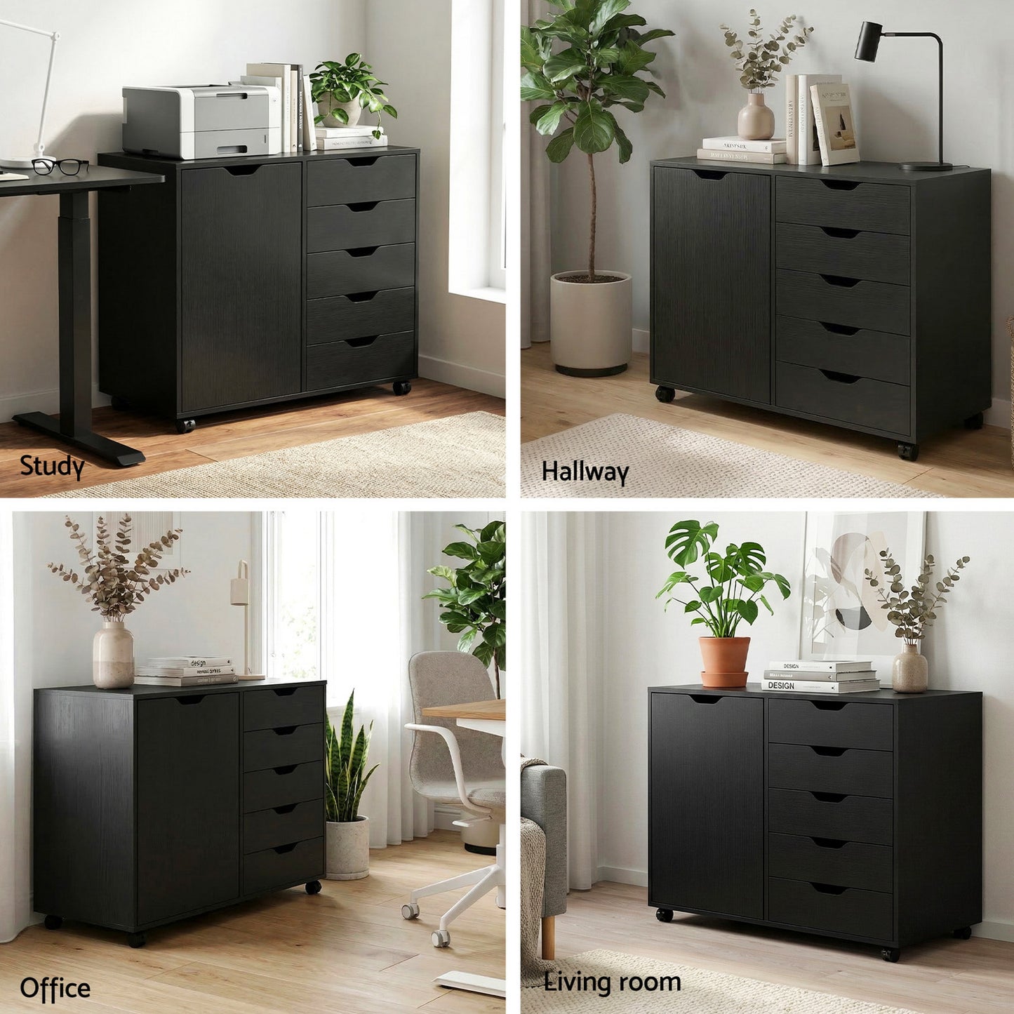 Mobile Filing Cabinet – 5 Drawers with Door, Black Storage Cabinet