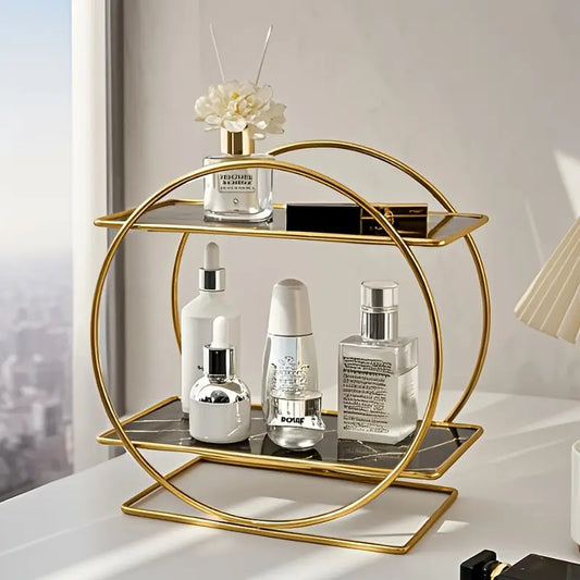 Two-Tier Cosmetic Organizer Stand – Elegant Gold Metal with Glass Shelves
