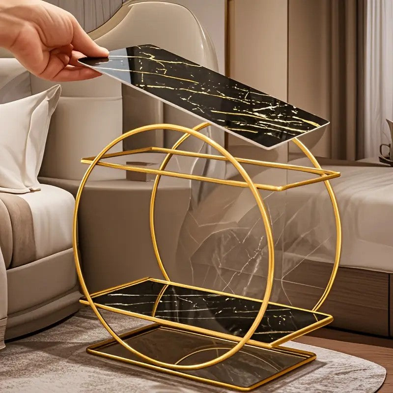 Two-Tier Cosmetic Organizer Stand – Elegant Gold Metal with Glass Shelves