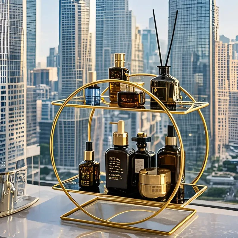 Two-Tier Cosmetic Organizer Stand – Elegant Gold Metal with Glass Shelves