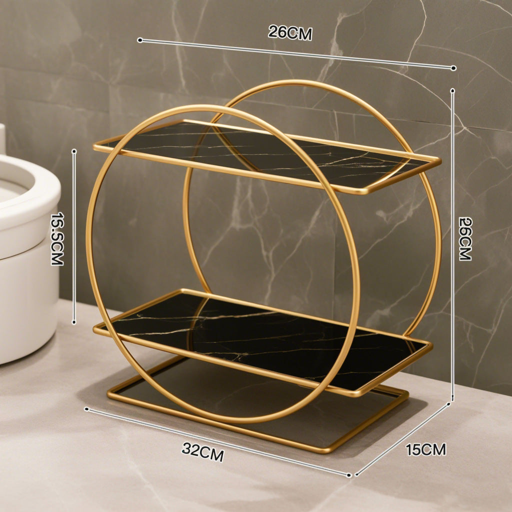 Two-Tier Cosmetic Organizer Stand – Elegant Gold Metal with Glass Shelves