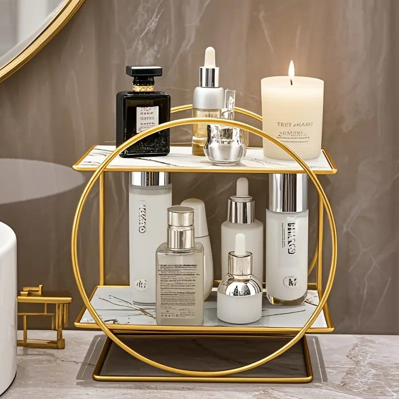 Two-Tier Cosmetic Organizer Stand – Elegant Gold Metal with Glass Shelves