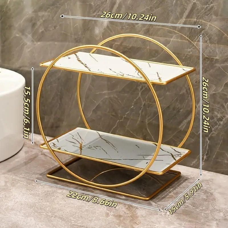 Two-Tier Cosmetic Organizer Stand – Elegant Gold Metal with Glass Shelves