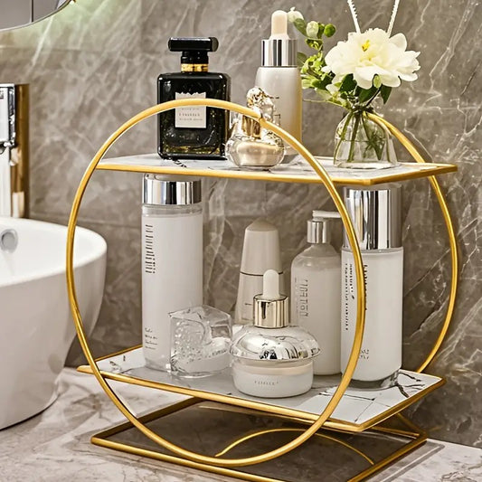 Elegant Two-Tier Cosmetic Organizer – Golden Metal Frame with Glass Shelves, White Second Floor
