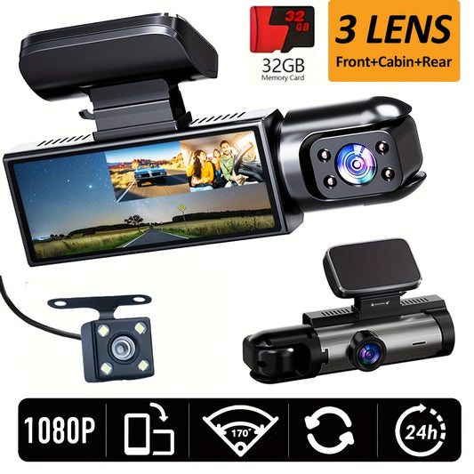 Triple Lens Dash Cam – 1080P HD, 32GB Storage, 170° Panoramic Coverage