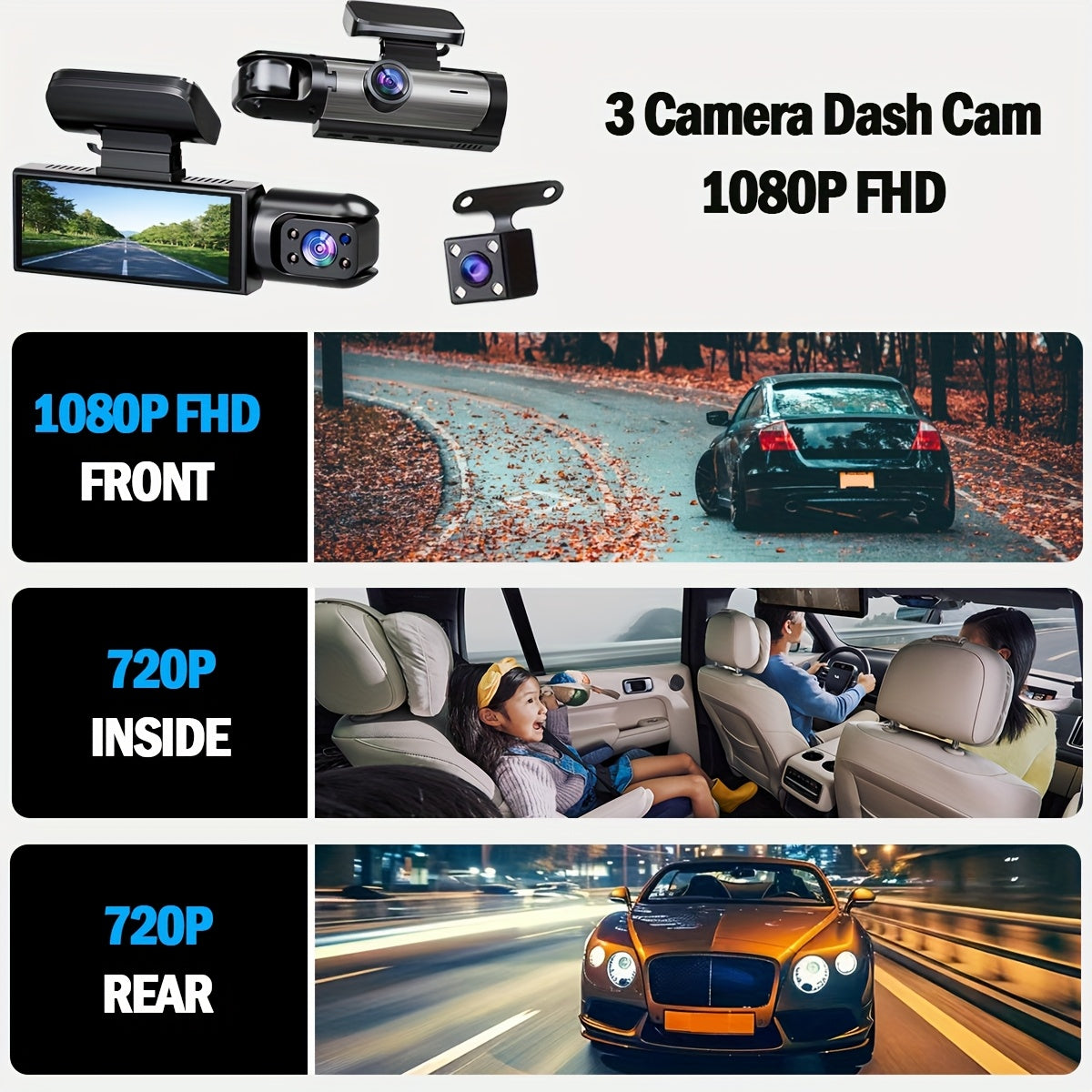 Triple Lens Dash Cam – 1080P HD, 32GB Storage, 170° Panoramic Coverage
