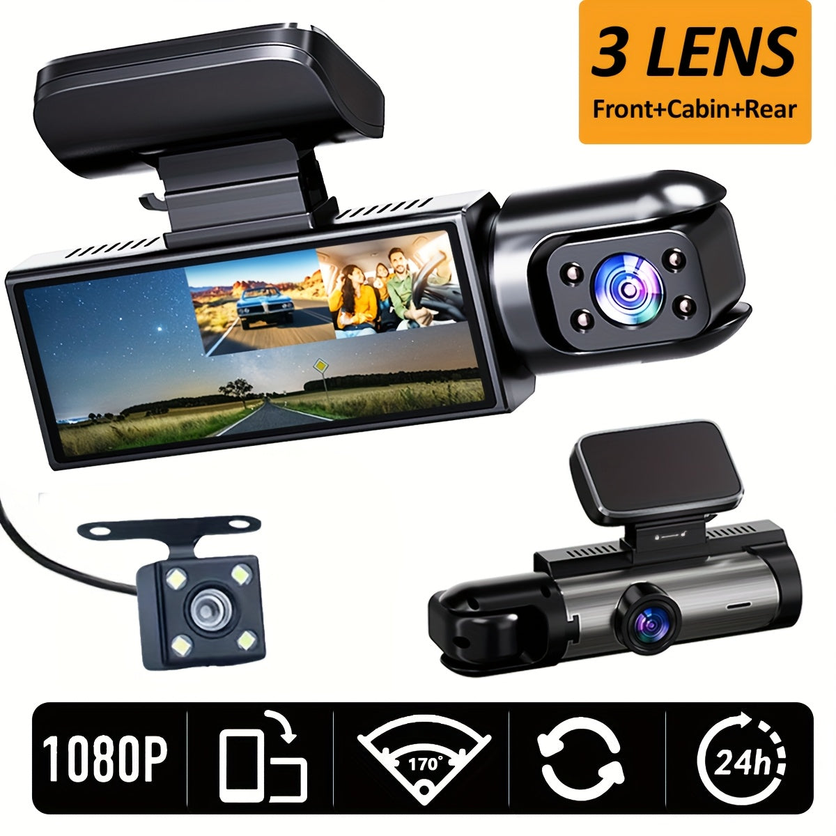 Triple Lens Dash Cam – 1080P HD, 32GB Storage, 170° Panoramic Coverage