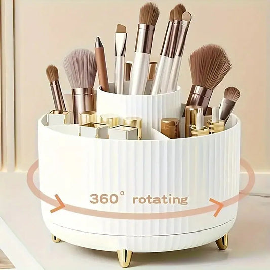 360° Rotating Makeup Brush Holder – Multi-Compartment, White with Gold Feet