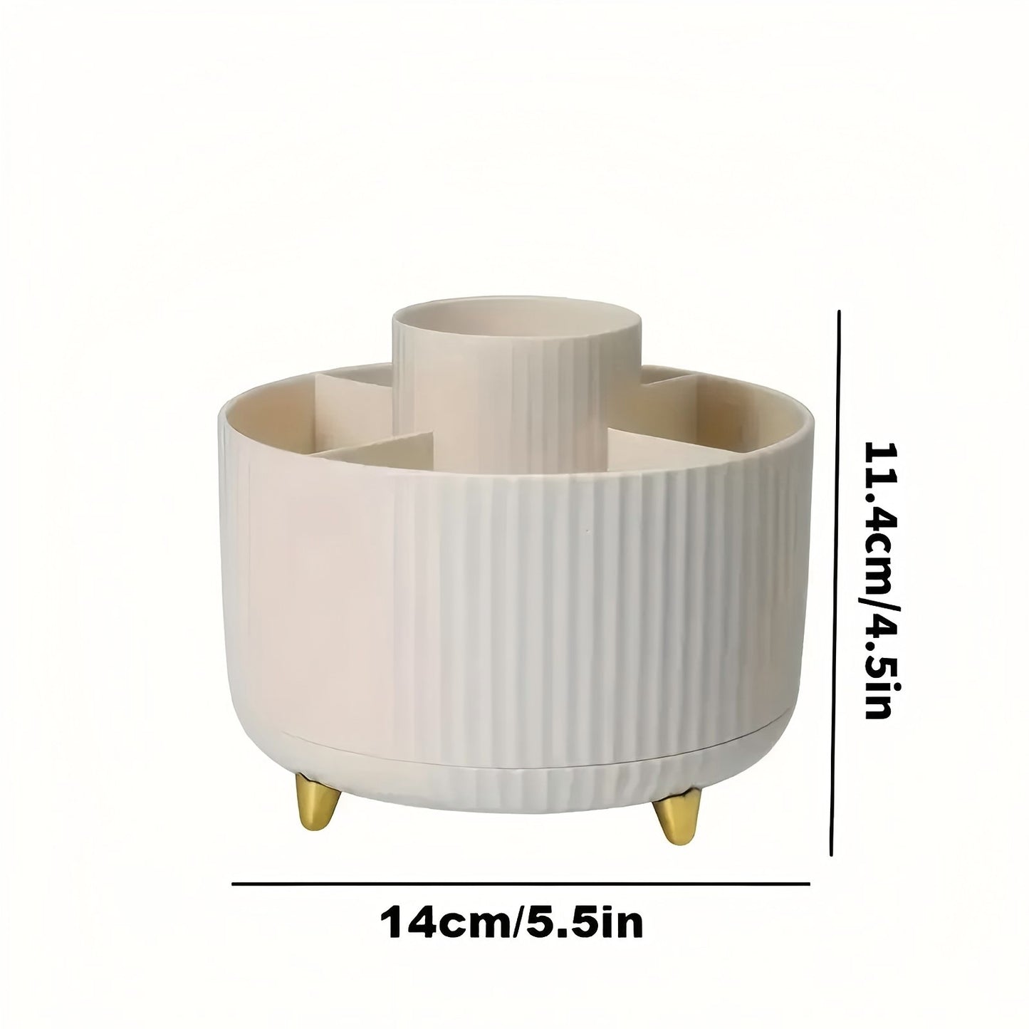 360° Rotating Makeup Brush Holder – Multi-Compartment, White with Gold Feet