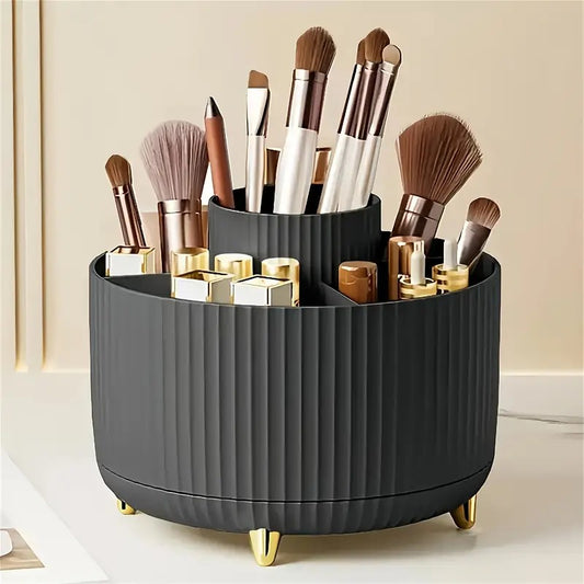 360° Rotating Multi-Compartment Makeup Brush Holder – Vertical Texture with Gold Feet, Black