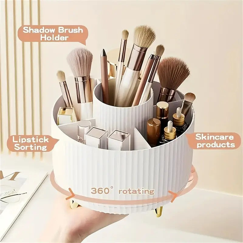 360° Rotating Multi-Compartment Makeup Brush Holder – Vertical Texture with Gold Feet, Black