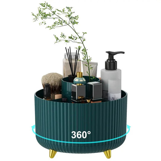 360° Rotating Makeup Brush Holder – Multi-Compartment, Green with Gold Feet