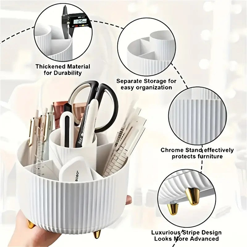 360° Rotating Makeup Brush Holder – Multi-Compartment, Green with Gold Feet