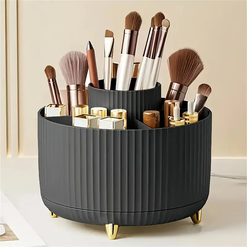 360° Rotating Makeup Brush Holder – Multi-Compartment, Green with Gold Feet