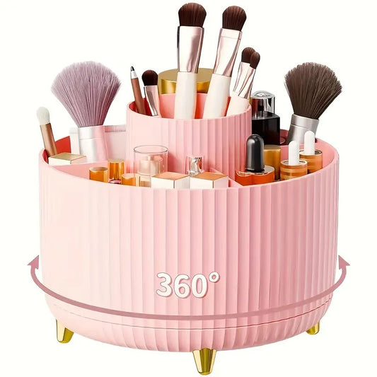 360° Rotating Makeup Brush Holder – Multi-Compartment, Vertical Texture with Gold Feet