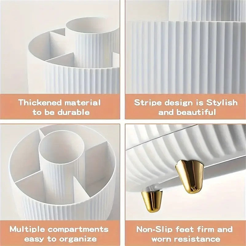 360° Rotating Makeup Brush Holder – Multi-Compartment, Vertical Texture with Gold Feet