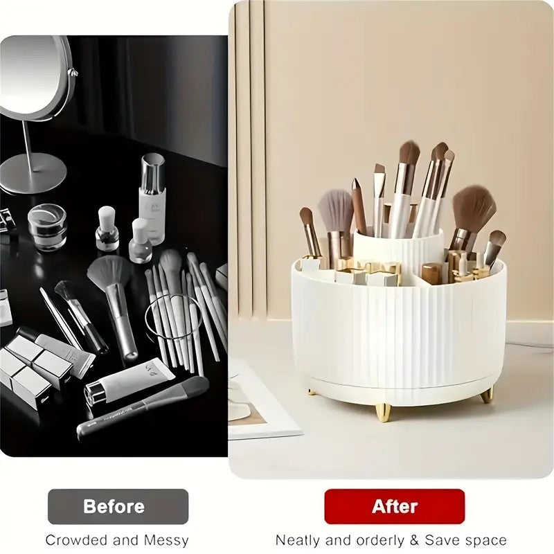 360° Rotating Makeup Brush Holder – Multi-Compartment, Vertical Texture with Gold Feet