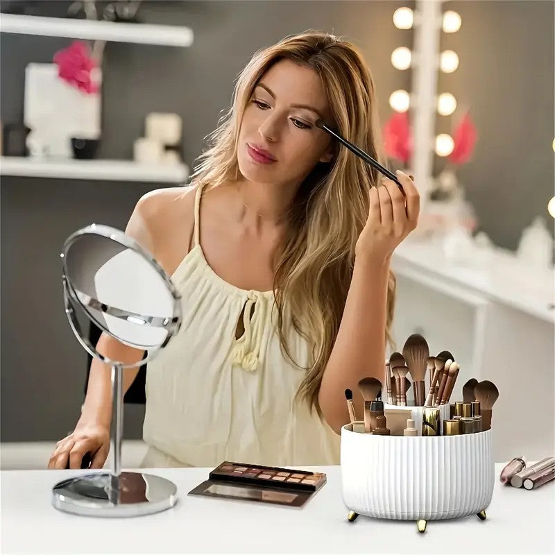 360° Rotating Makeup Brush Holder – Multi-Compartment, Vertical Texture with Gold Feet