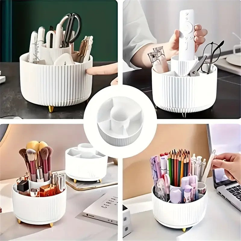 360° Rotating Makeup Brush Holder – Multi-Compartment, Vertical Texture with Gold Feet