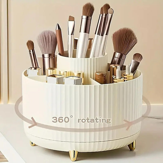 360° Rotating Makeup Brush Holder – Multi-Compartment, Vertical Texture with Gold Feet