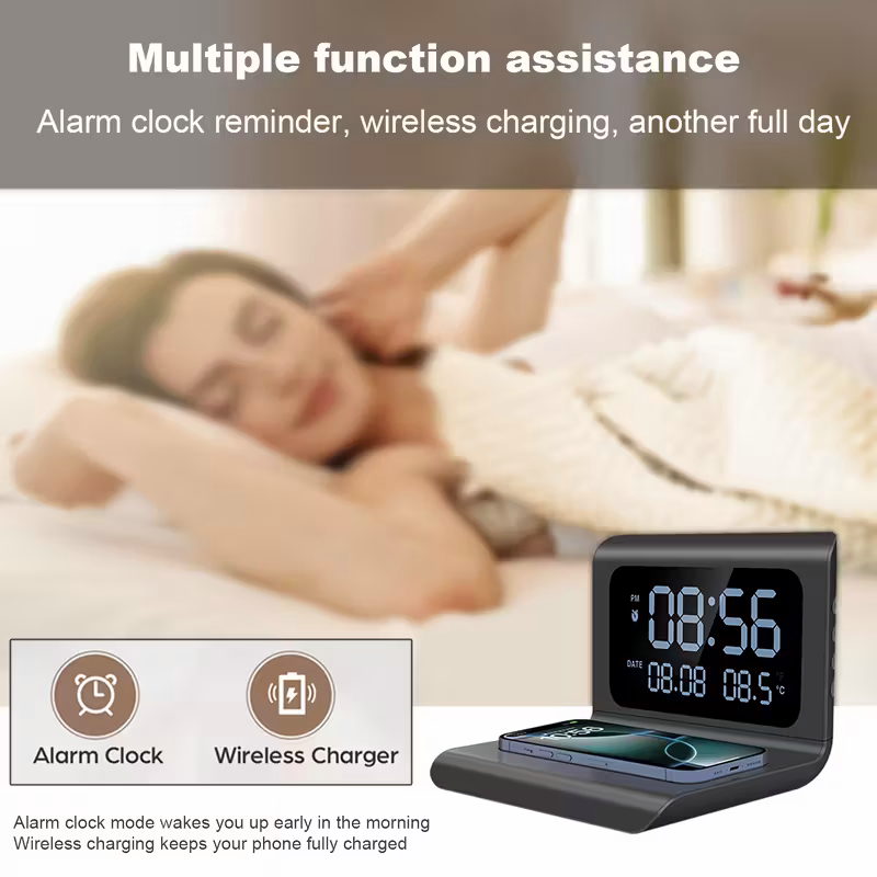 3-in-1 Wireless Charger – Time & Temperature Display with Alarm Clock