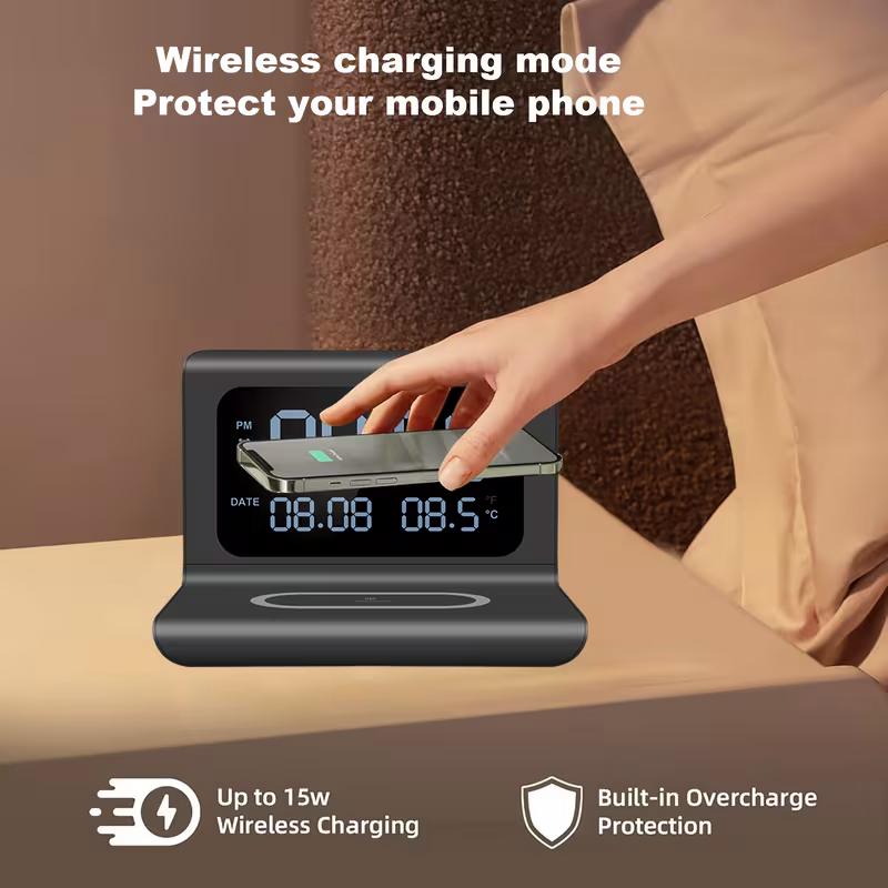 3-in-1 Wireless Charger – Time & Temperature Display with Alarm Clock