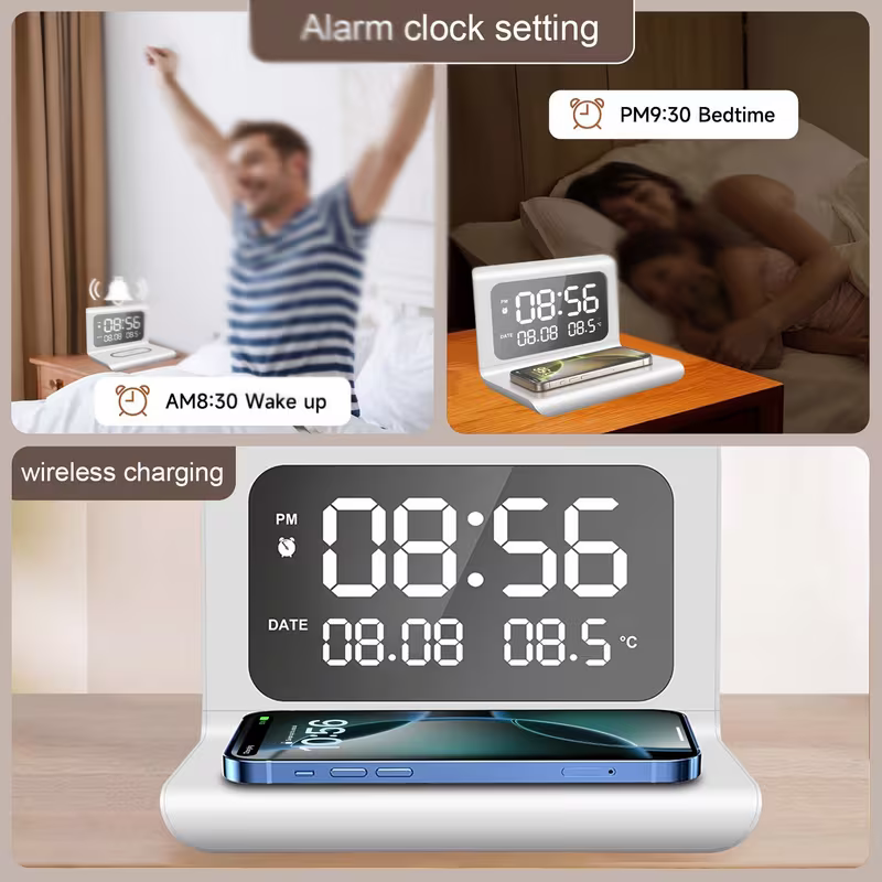 3-in-1 Wireless Charger – Time & Temperature Display with Alarm Clock