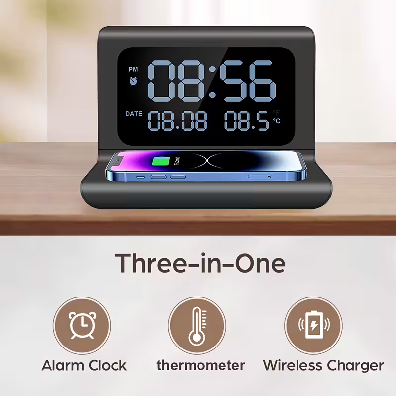 3-in-1 Wireless Charger – Time & Temperature Display with Alarm Clock