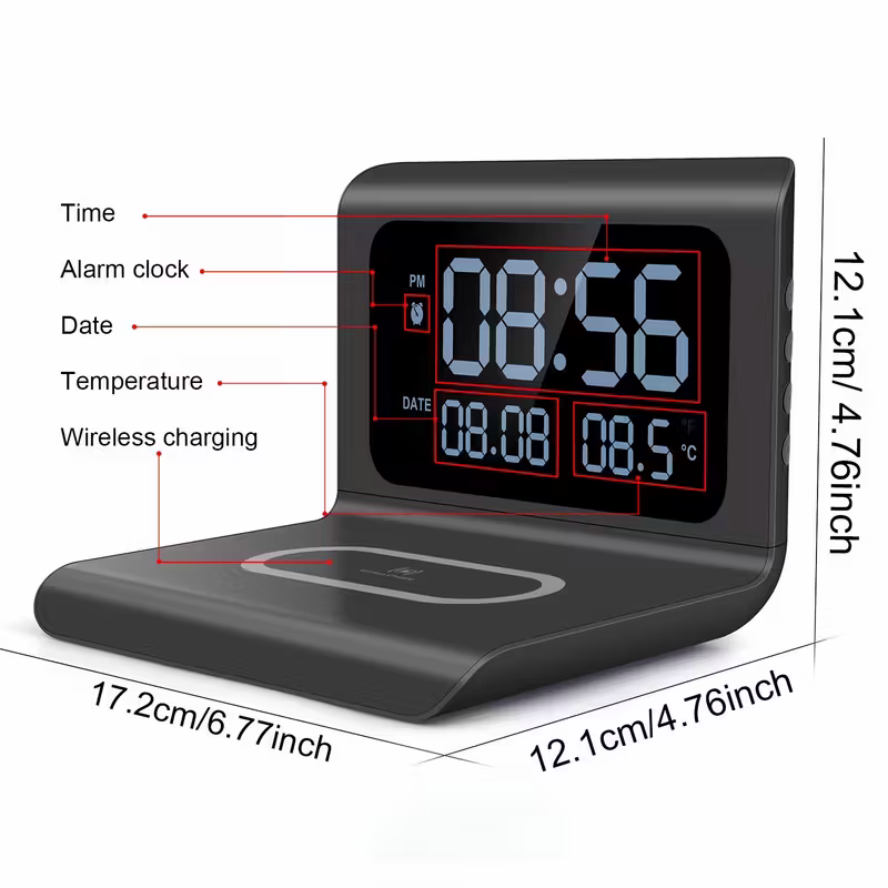 3-in-1 Wireless Charger – Time & Temperature Display with Alarm Clock