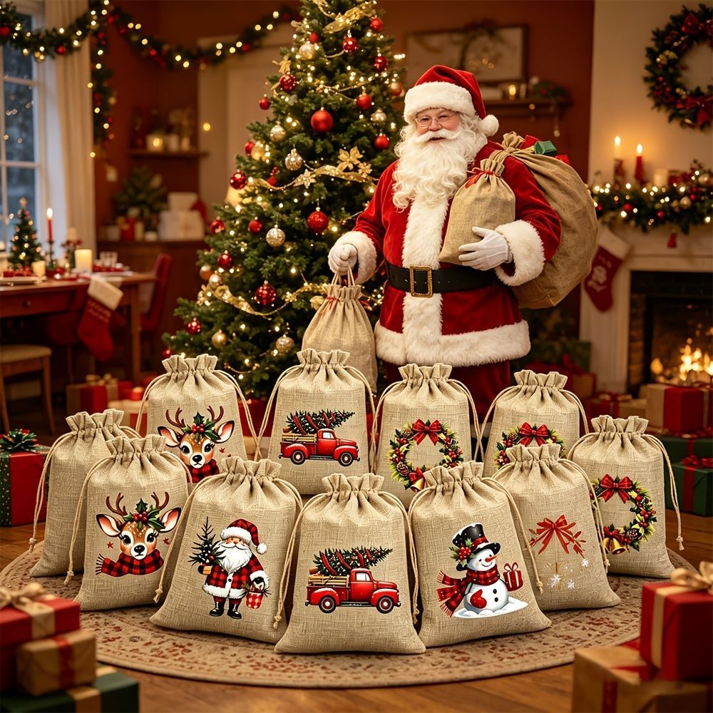 Christmas Gift Bags Linen Gift Bags Drawstring Gift Bags Reusable Gift Bags - Original hemp color - Size 10-15CM