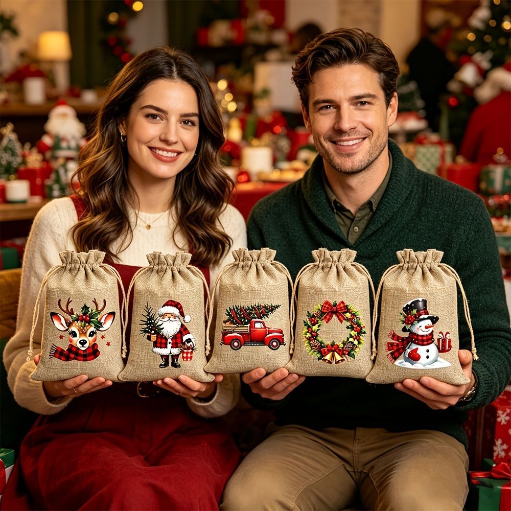Christmas Gift Bags Linen Gift Bags Drawstring Gift Bags Reusable Gift Bags - Original hemp color - Size 10-15CM