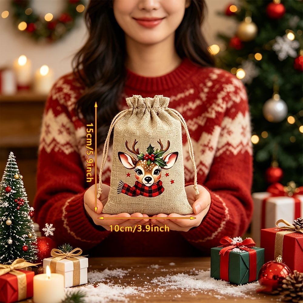 Christmas Gift Bags Linen Gift Bags Drawstring Gift Bags Reusable Gift Bags - Original hemp color - Size 10-15CM