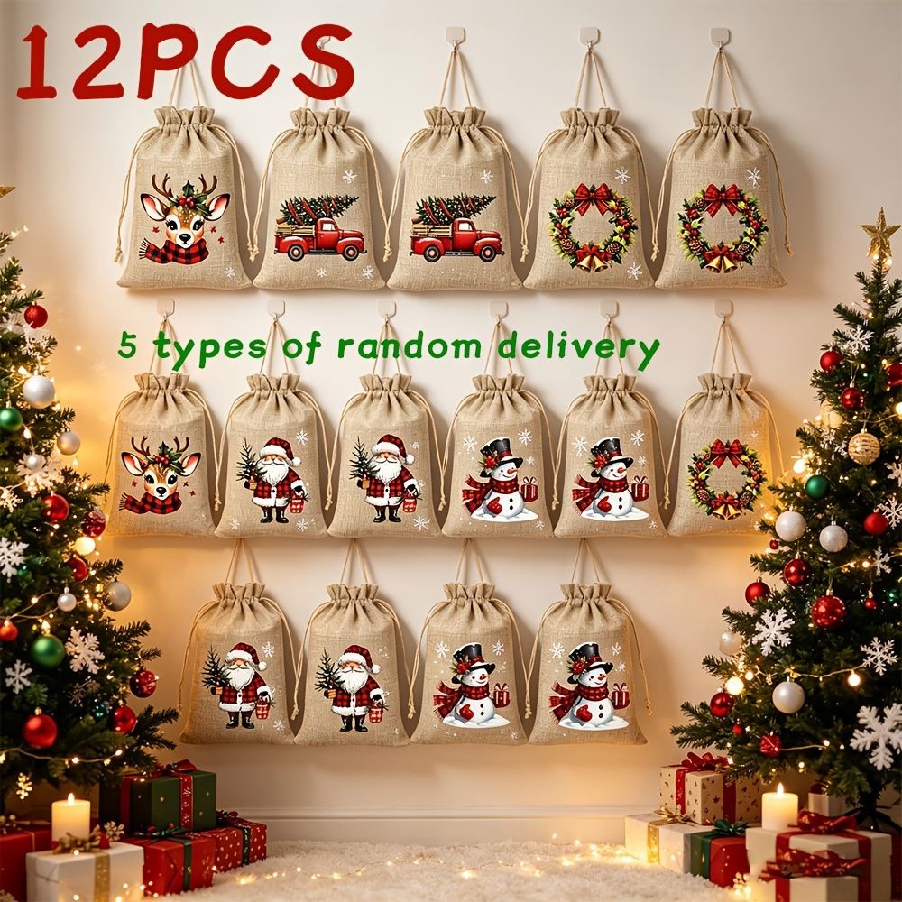 Christmas Gift Bags Linen Gift Bags Drawstring Gift Bags Reusable Gift Bags - Original hemp color - Size 10-15CM