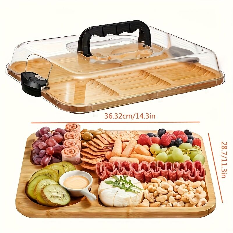 Cheese Tray with Transparent Acrylic Lid – Portable Deli Platter with Snap-On Lid and Cutting Board Back