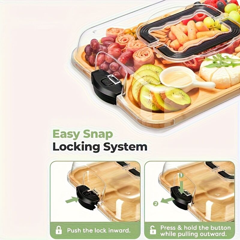 Cheese Tray with Transparent Acrylic Lid – Portable Deli Platter with Snap-On Lid and Cutting Board Back
