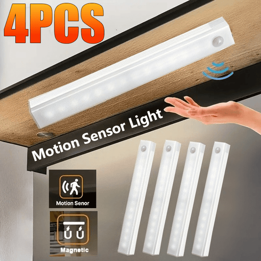 Four multi-size magnetic LED motion sensor lights (three colors adjustable), USB rechargeable cabinet light, LED motion sensor light strip