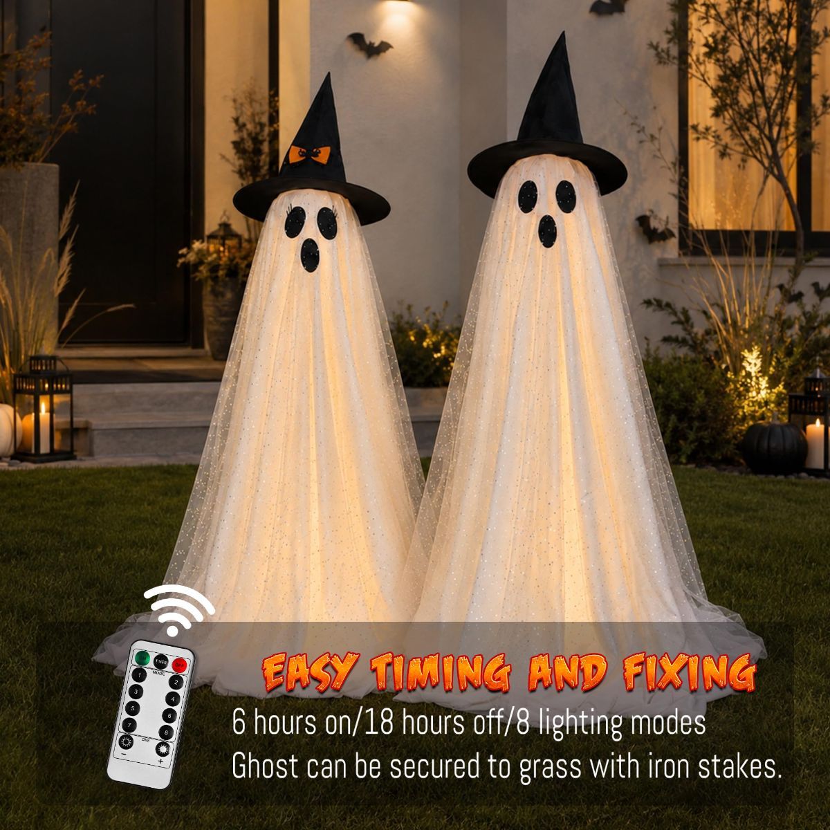 2Packs Halloween Decorations Outdoor,Halloweens Party Decoration Indoor,Spooky Ghost with Remote Control String Lights,Halloween-Ghost Lights for Porches Yards Gardens Lawn